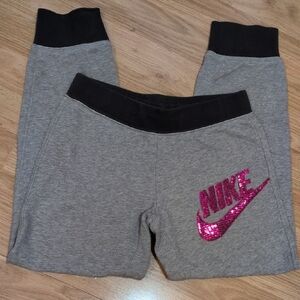 Nike Gray Joggers with Pink Sequin Swoosh and Black Waistband